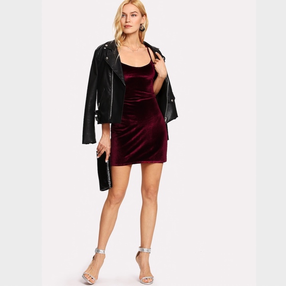 Lace Up Open Back Velvet Bodycon Dress Burgundy - Picture 2 of 7